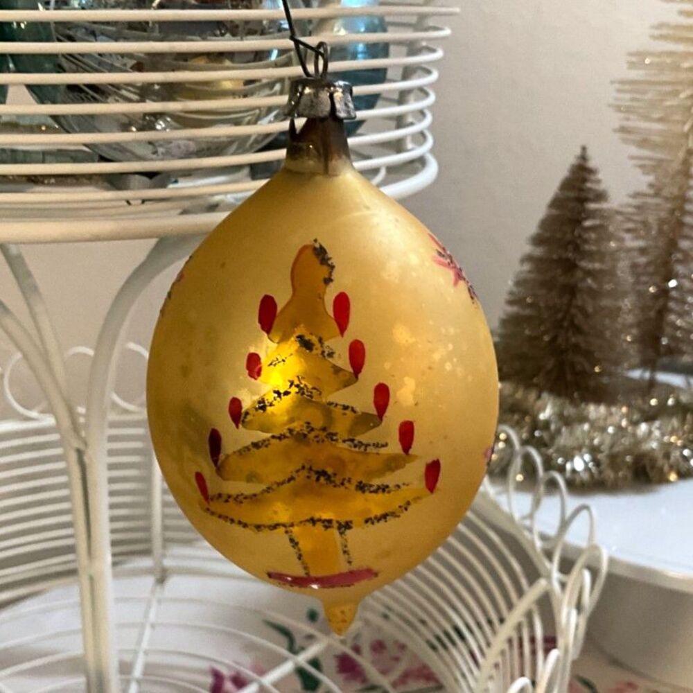 Vintage Christmas ornament hand painted Christmas tree gold made in Poland